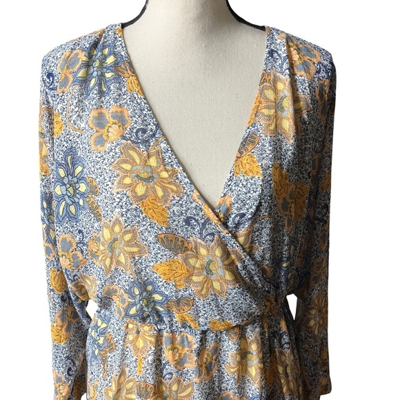 New Free People Teegan Floral Wrap Mini Dress Blue Golden White S Boho Chic - Picture 3 of 15
